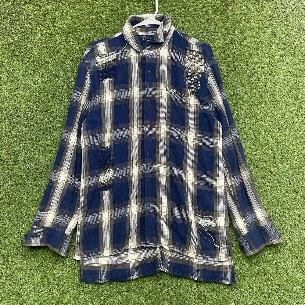 True Religion Flannel Shirt Mens Small Plaid Button Up Factory Distressed Blue